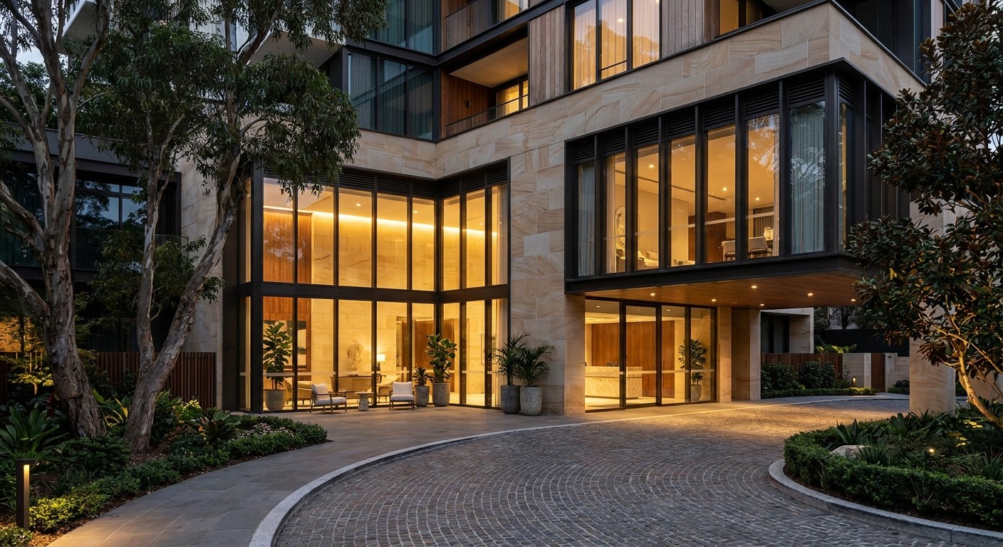 A premium apartment building entrance in the Eastern Suburbs at dusk