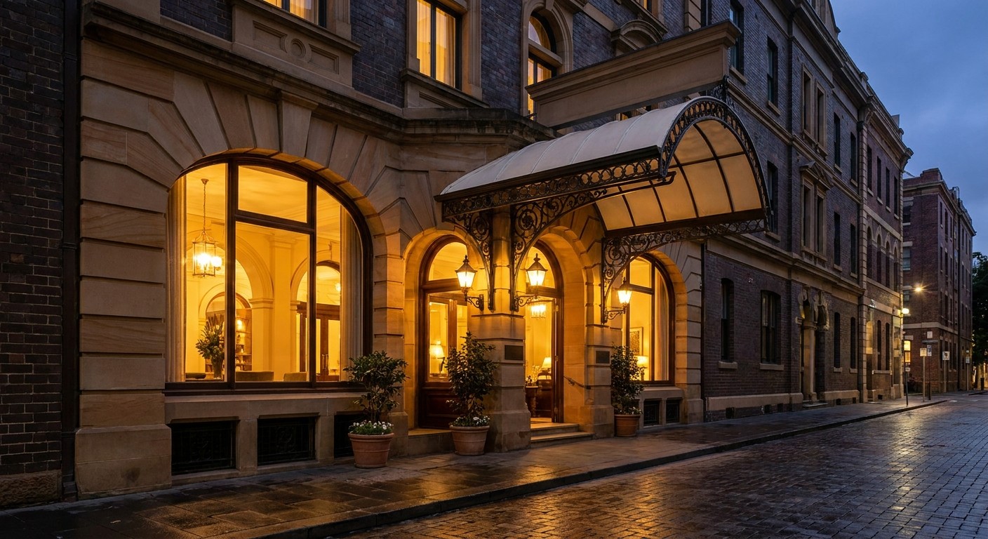 A boutique hotel entrance at dusk with warm lobby light